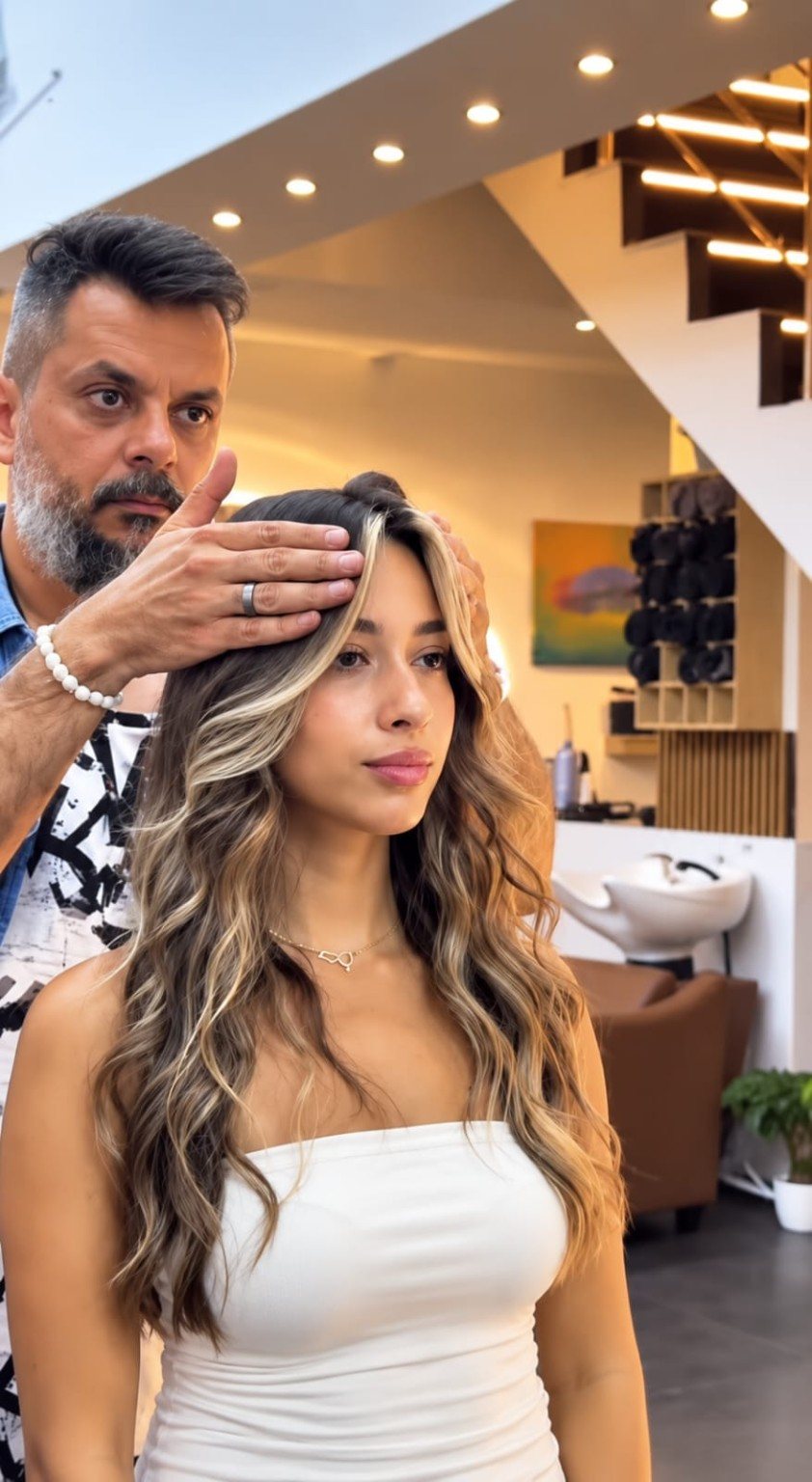 Ezzo professionally styling highlighted hair in the salon